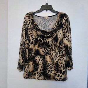 Reba animal print 3/4 sleeve‎ top with cowl neck Size XL